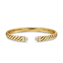 Load image into Gallery viewer, Sculpted Cable Cuff Bracelet in 18K Yellow Gold with Pave Diamond Domes, 6mm