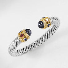 Load image into Gallery viewer, Renaissance Cable Flex Bracelet in Sterling Silver with 14K Yellow Gold, Hematine, Rhodolite Garnet and Iolite, 9mm