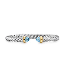 Load image into Gallery viewer, Cable Flex Bracelet in Sterling Silver with 14K Yellow Gold and Blue Topaz, 6mm