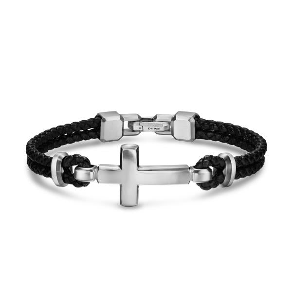 Streamline Cross Station Bracelet in Black Leather with Sterling