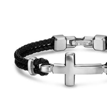 Load image into Gallery viewer, Streamline Cross Station Bracelet in Black Leather with Sterling Silver, 17mm