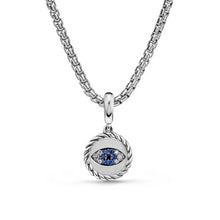 Load image into Gallery viewer, Evil Eye Amulet in Sterling Silver with Light Blue Sapphires, Black Diamonds and Diamonds, 12.6mm