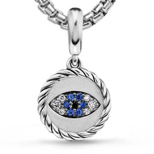 Load image into Gallery viewer, Evil Eye Amulet in Sterling Silver with Light Blue Sapphires, Black Diamonds and Diamonds, 12.6mm
