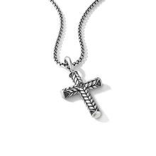 Load image into Gallery viewer, Chevron Sculpted Cross Pendant in Sterling Silver with Pave Black Diamonds