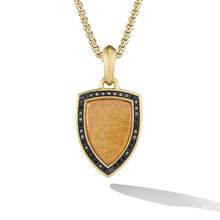 Load image into Gallery viewer, Shield Amulet in 18K Yellow Gold with Golden Sun Stone and Black Diamonds, 27mm