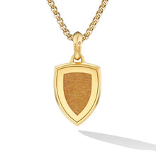 Load image into Gallery viewer, Shield Amulet in 18K Yellow Gold with Golden Sun Stone and Black Diamonds, 27mm