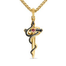 Load image into Gallery viewer, Ouroboros Snake Amulet in 18K Yellow Gold with Ruby and Black Diamonds, 48mm