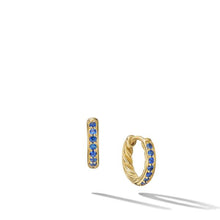 Load image into Gallery viewer, Petite Pave Huggie Hoop Earrings in 18K Yellow Gold with Blue Sapphires, 12mm