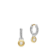 Load image into Gallery viewer, Petite Cable Huggie Drop Earrings in Sterling Silver with 14K Yellow gold and Center Diamond, 17.5mm