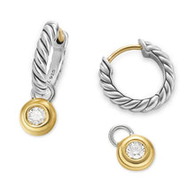 Load image into Gallery viewer, Petite Cable Huggie Drop Earrings in Sterling Silver with 14K Yellow gold and Center Diamond, 17.5mm