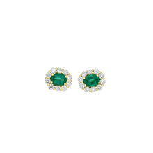 Load image into Gallery viewer, Royal Collection 18K Yellow Gold Emerald Stone Diamond Halo Stud Earrings