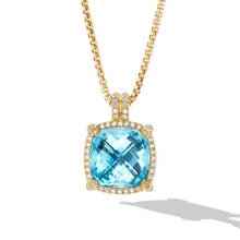 Load image into Gallery viewer, Chatelaine Pave Bezel Pendant Necklace in 18K Yellow Gold with Blue Topaz and Diamonds, 14mm