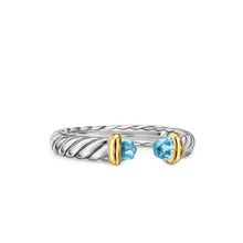Load image into Gallery viewer, Petite Cable Open Ring in Sterling Silver with 14K Yellow Gold and Blue Topaz, 3.4mm