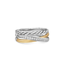 Load image into Gallery viewer, Crossover Three Row Ring in Sterling Silver with 18K Yellow Gold and Diamonds, 7mm
