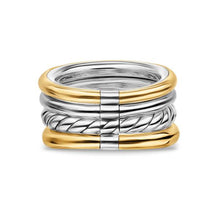 Load image into Gallery viewer, DY Mercer Four Row Stone Ring in Sterling Silver with 18K Yellow Gold, Sky Blue Topaz and Diamonds, 14mm