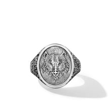 Load image into Gallery viewer, Petrvs Wolf Signet Ring in Sterling Silver with Black Diamonds, 21.5mm