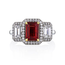 Load image into Gallery viewer, Royal Collection Platinum/18K Gold 2.28 CT Ruby & 1.05 CT Emerald Cut Diamond 3-Stone Halo Ring