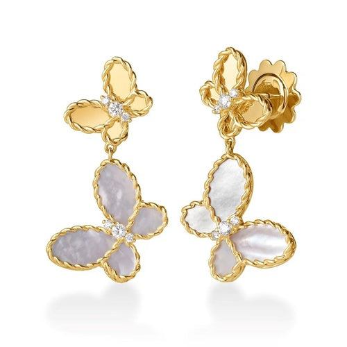 Roberto Coin 18K Yellow Gold Jasmine & Mother of Pearl Double Butterfly Dangle Earrings