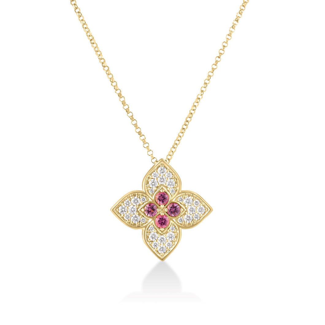 ROBERTO COIN 18K YELLOW GOLD VENETIAN PRINCESS CARNIVAL DIAMOND & RUBELLITE FLOWER NECKLACE