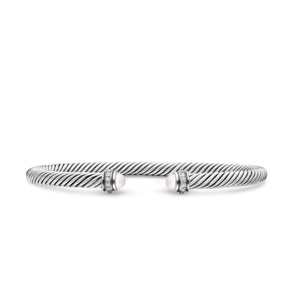 Classic Cable Bracelet in Sterling Silver with Pearls and Diamonds, 4mm