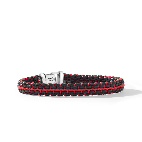 Woven Box Chain Bracelet in Sterling Silver with Black Stainless Steel and Red Nylon