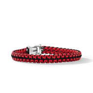 Woven Box Chain Bracelet in Sterling Silver with Red Stainless Steel and Black Nylon