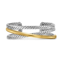 Load image into Gallery viewer, Crossover Three Row Cuff Bracelet in Sterling Silver with 14K Yellow Gold, 20mm
