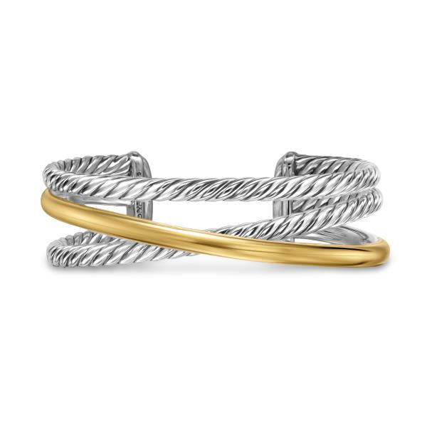 Crossover Three Row Cuff Bracelet in Sterling Silver with 14K Yellow Gold, 20mm