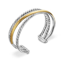 Load image into Gallery viewer, Crossover Three Row Cuff Bracelet in Sterling Silver with 14K Yellow Gold, 20mm
