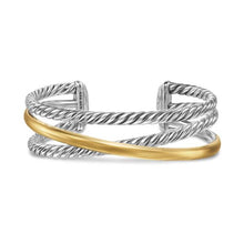 Load image into Gallery viewer, Crossover Three Row Cuff Bracelet in Sterling Silver with 14K Yellow Gold, 20mm
