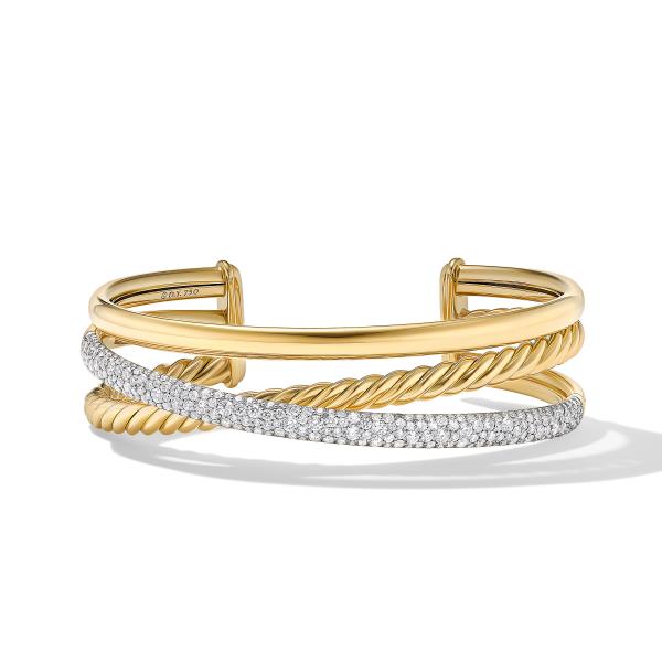 Pave Crossover Three Row Cuff Bracelet in 18K Yellow Gold with Diamonds