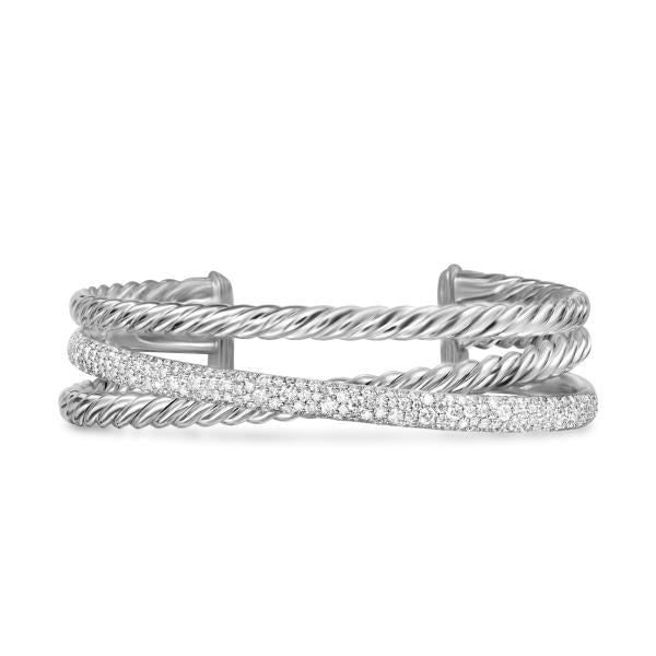 Crossover Three Row Cuff Bracelet in Sterling Silver with Diamonds, 20mm