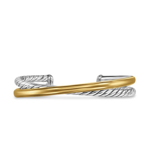 Crossover Two Row Cuff Bracelet in Sterling Silver with 14K Yellow Gold, 11mm