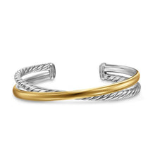 Load image into Gallery viewer, Crossover Two Row Cuff Bracelet in Sterling Silver with 14K Yellow Gold, 11mm
