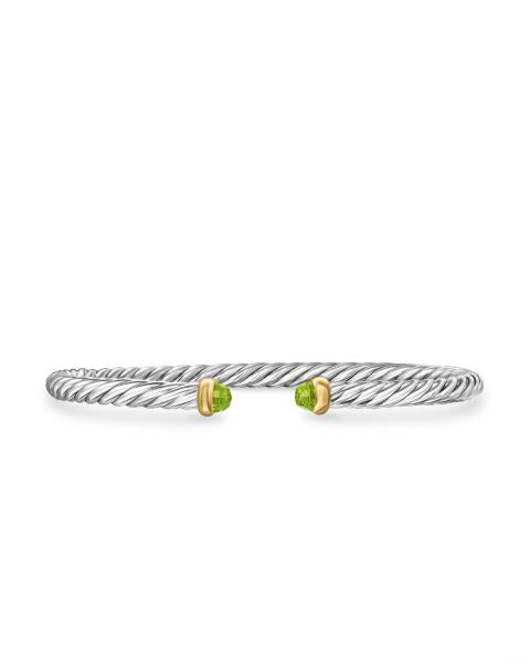 Cable Flex Bracelet in Sterling Silver with 14K Yellow Gold and Peridot, 4mm