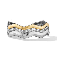 Zig Zag Stax Three Row Cuff Bracelet in Sterling Silver with 18K Yellow Gold and Diamonds, 17.4mm