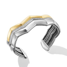 Load image into Gallery viewer, Zig Zag Stax Three Row Cuff Bracelet in Sterling Silver with 18K Yellow Gold and Diamonds, 17.4mm
