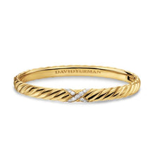 Load image into Gallery viewer, Sculpted Cable X Center Station Cuff Bracelet in 18K Yellow Gold with Diamonds, 6mm
