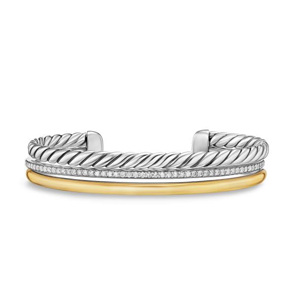 DY Mercer Three Row Cuff Bracelet in Sterling Silver with 18K Yellow Gold and Diamonds, 10mm