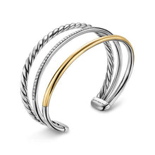 Load image into Gallery viewer, DY Mercer Three Row Cuff Bracelet in Sterling Silver with 18K Yellow Gold and Diamonds, 10mm
