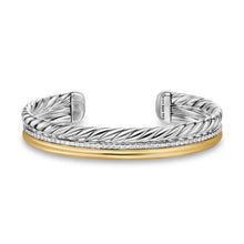 Load image into Gallery viewer, DY Mercer Three Row Cuff Bracelet in Sterling Silver with 18K Yellow Gold and Diamonds, 10mm
