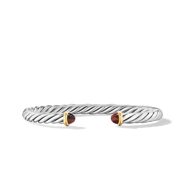 Cable Cuff Bracelet in Sterling Silver with 14K Yellow Gold and Red Tiger's Eye, 6mm