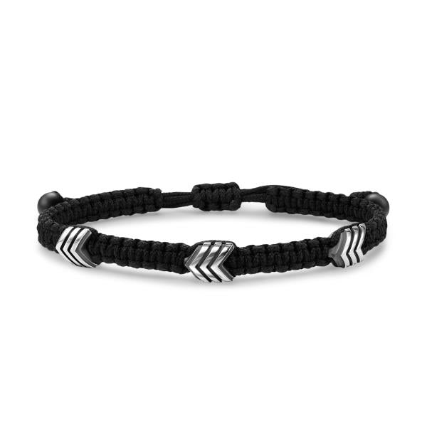 Chevron Black Nylon Woven Station Bracelet with Sterling Silver and Black Onyx, 8.6mm