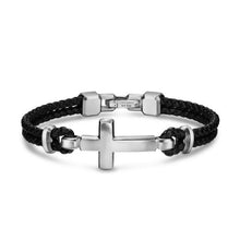 Load image into Gallery viewer, Streamline Cross Station Bracelet in Black Leather with Sterling Silver, 17mm
