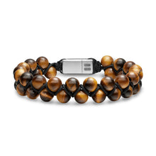 Load image into Gallery viewer, Spiritual Beads Two Row Woven Bracelet with Tiger's Eye, Black Nylon and Sterling Silver, 8mm
