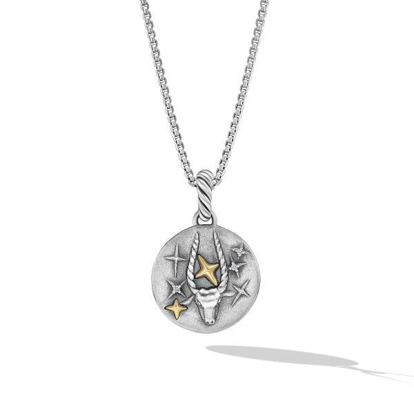 Capricorn Amulet in Sterling Silver with 18K Yellow Gold and Diamonds, 19mm