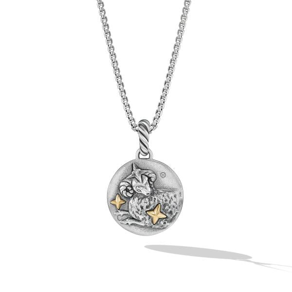 Aries Amulet in Sterling Silver with 18K Yellow Gold and Diamonds, 19mm