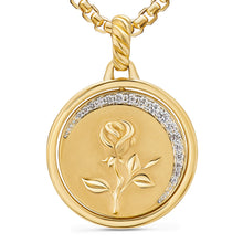 Load image into Gallery viewer, Rose and Thorn Duality Pendant in 18K Yellow Gold with Dark Green Enamel and Diamonds, 22.3mm
