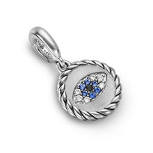 Load image into Gallery viewer, Evil Eye Amulet in Sterling Silver with Light Blue Sapphires, Black Diamonds and Diamonds, 12.6mm
