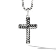 Chevron Sculpted Cross Pendant in Sterling Silver with Pave Black Diamonds
